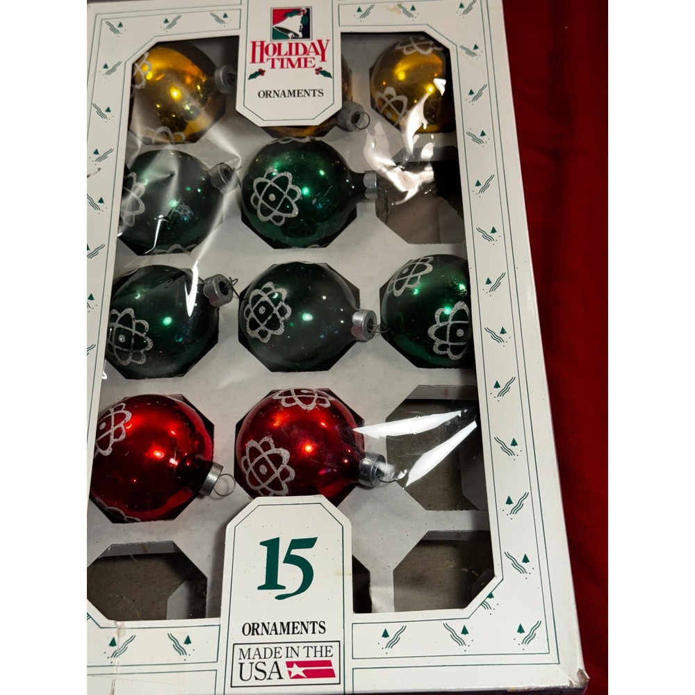 Vintage Holiday Time Glass Ornaments Red Green Gold Atomic Design USA 10ct